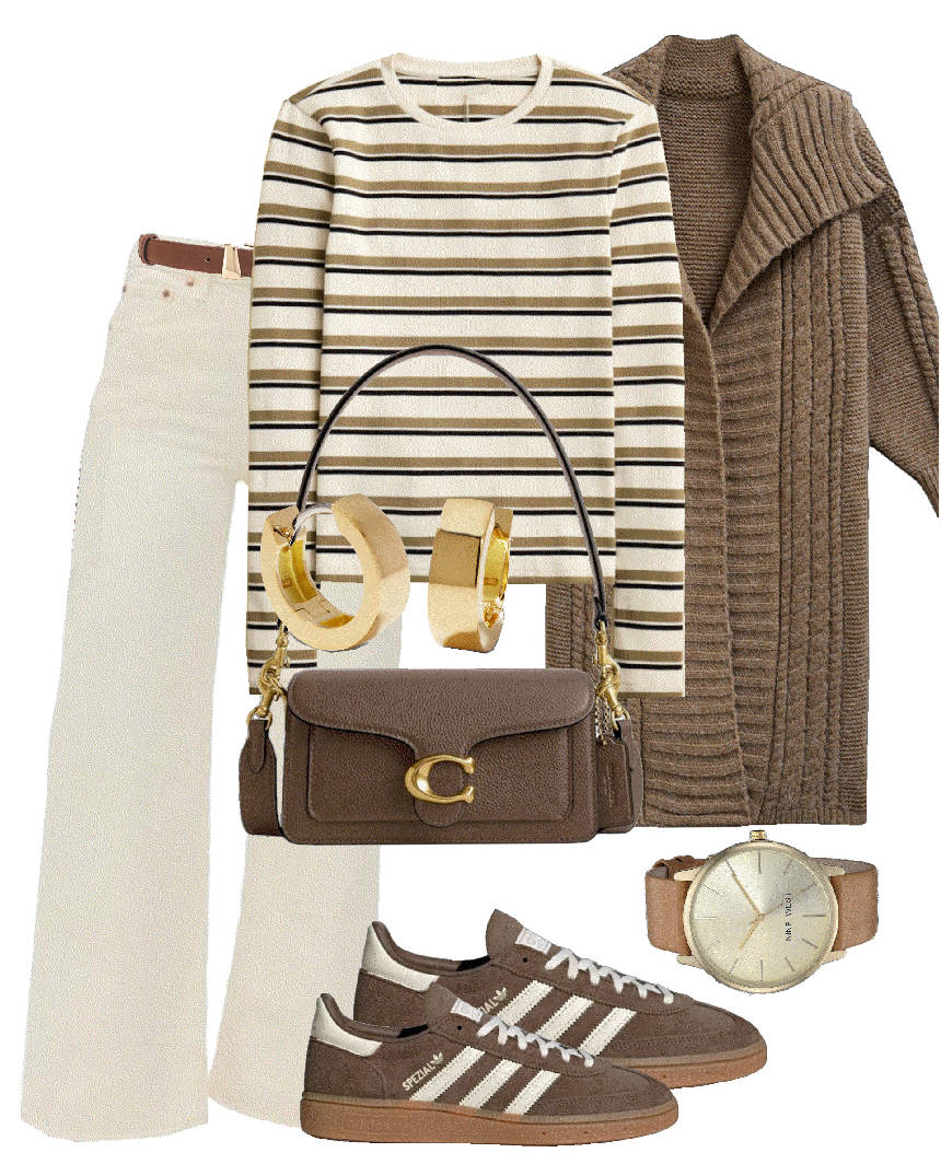 brown adidas white jeans outfit