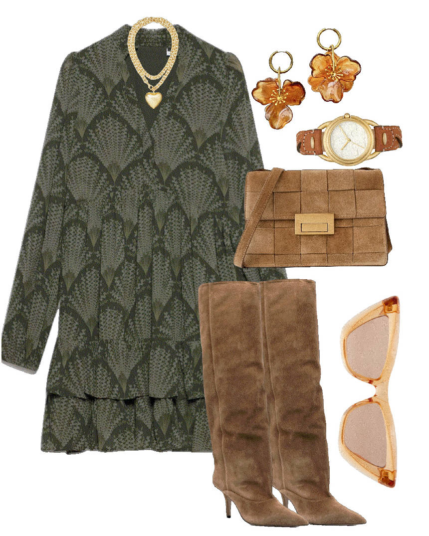 green mini loose casual dress and knee boots