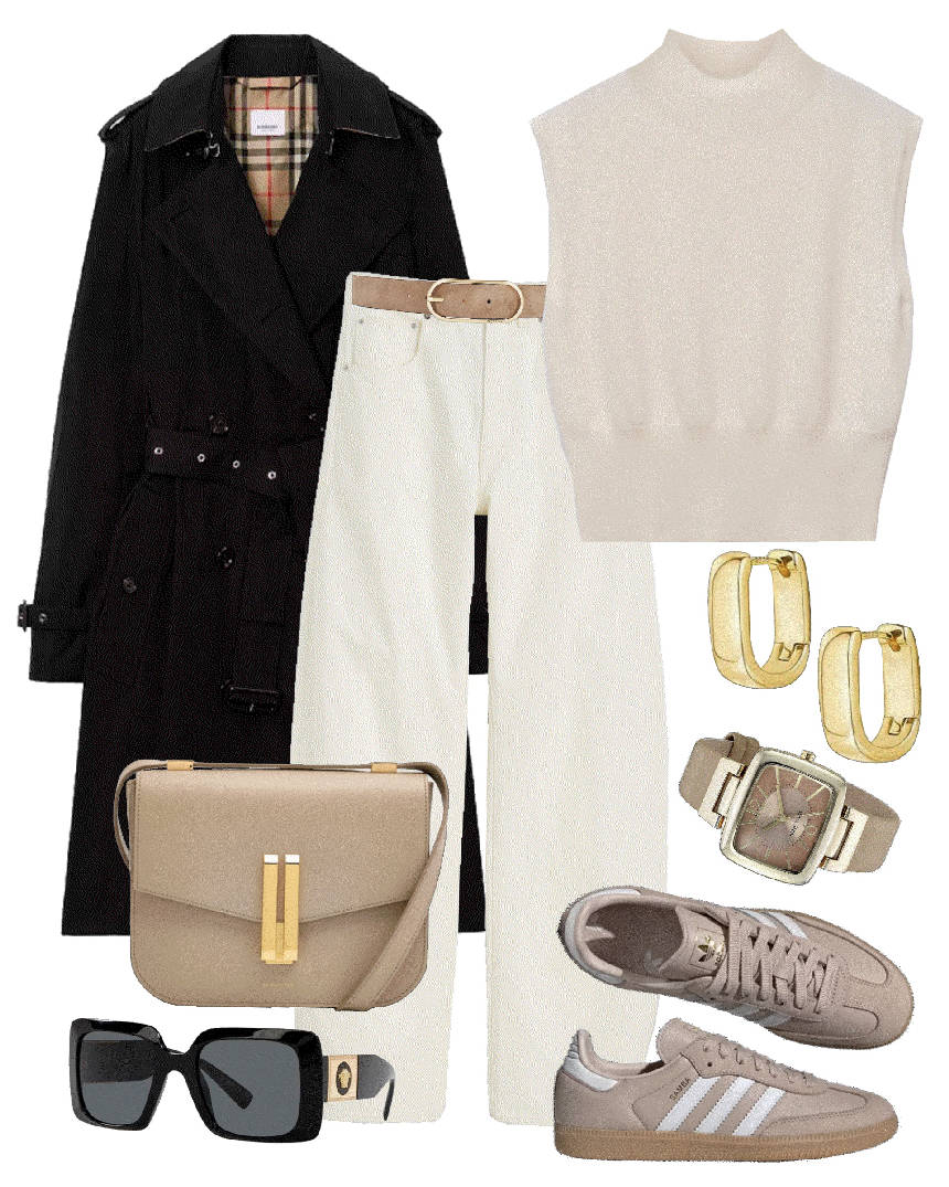 white barrel jeans and trench coat