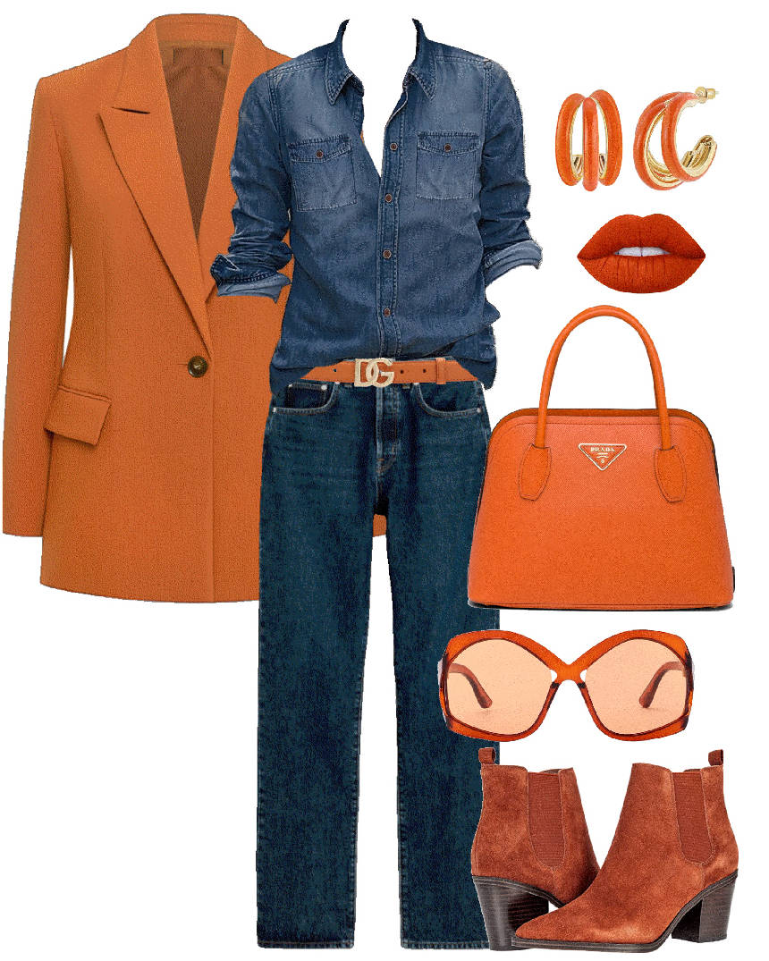 denim on denim with orange accessories