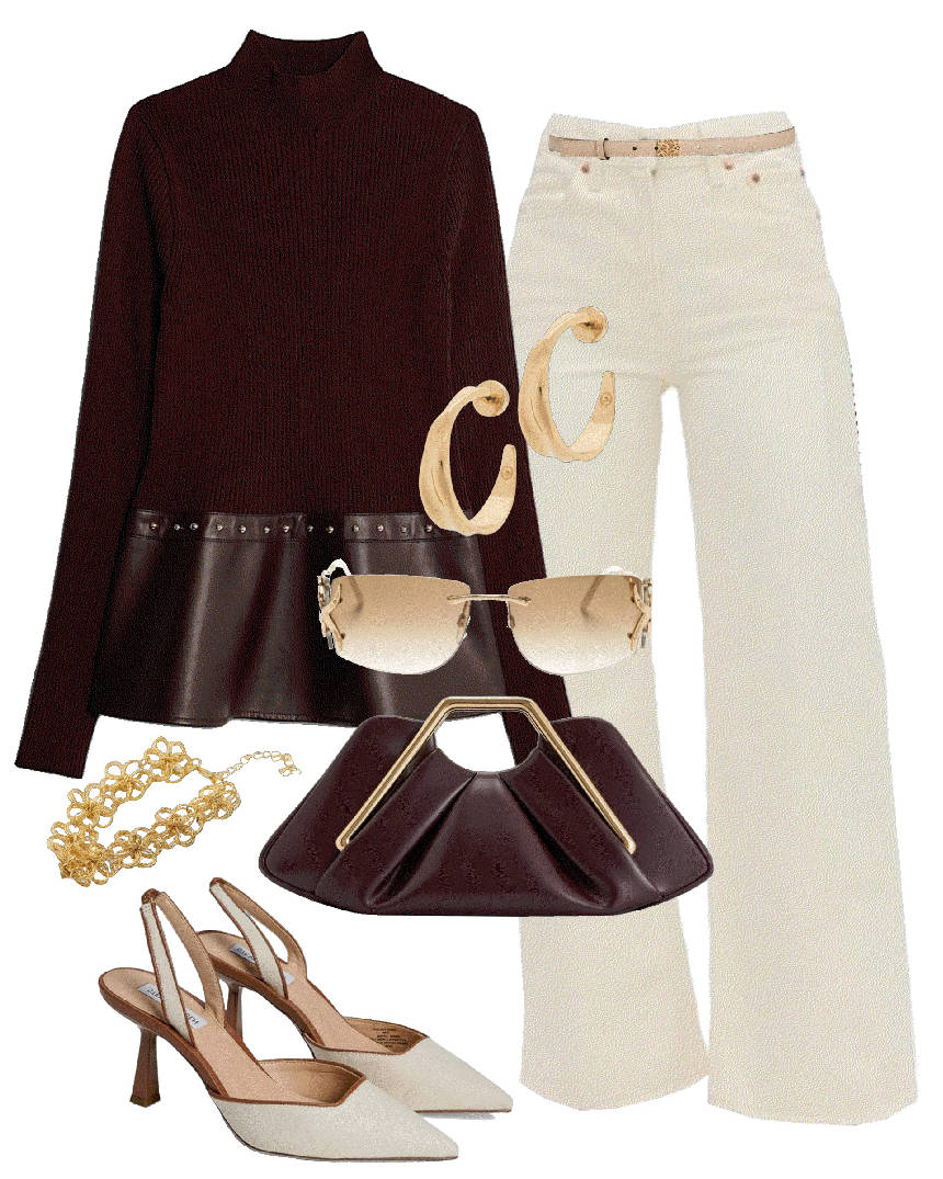 wide leg jeans in white with burgundy top