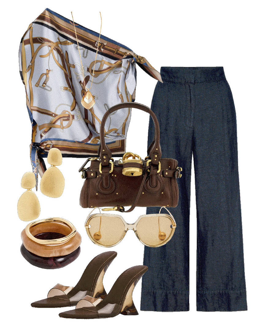 wide leg indigo jeans and crop one sleeve top