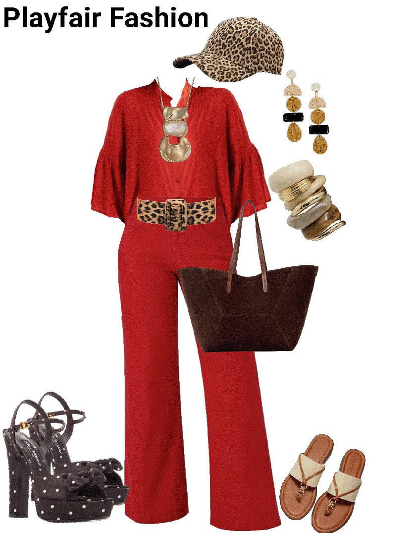red volume sleeves top and red pants with animal print belt