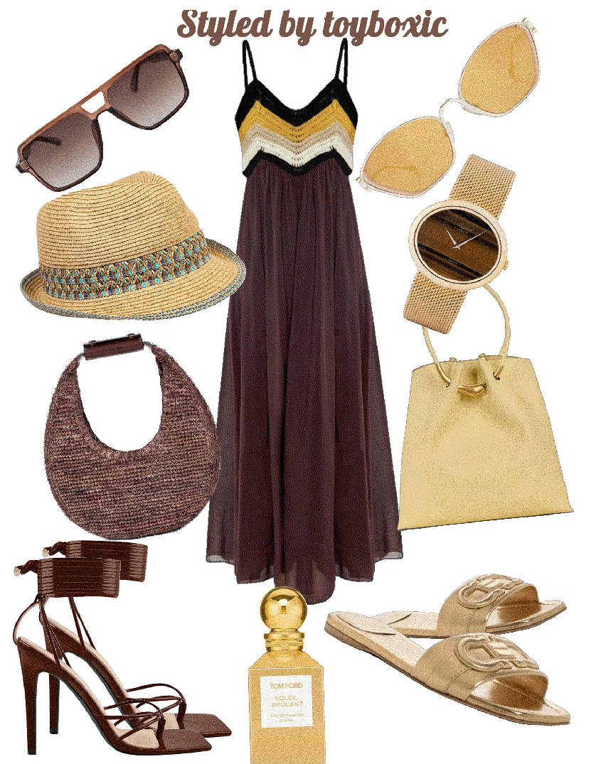 brown raffia bag with crochet dress