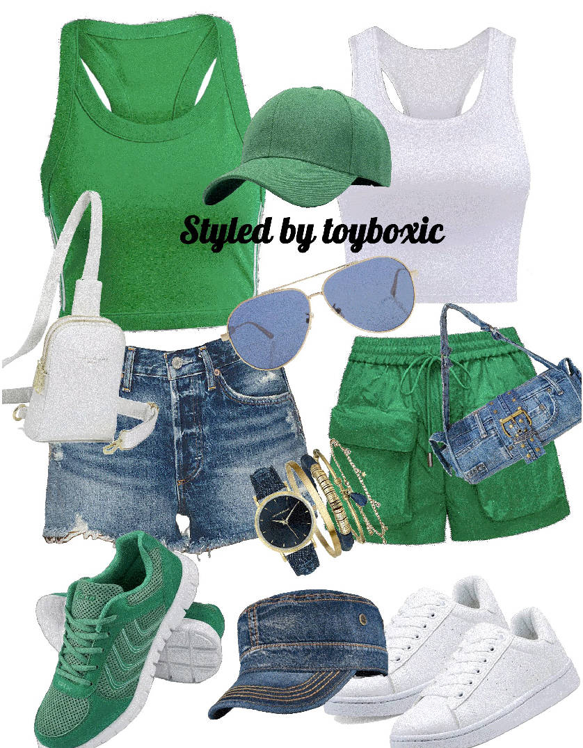 2 outfits in green and denim shorts