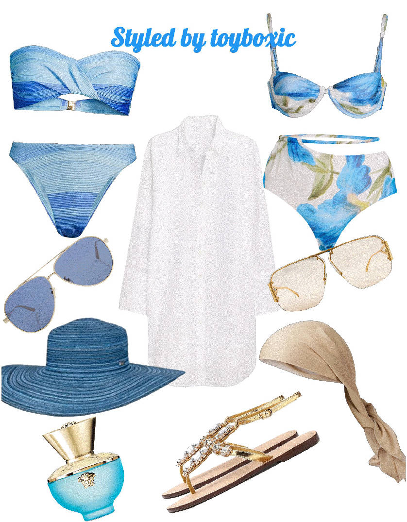 blue oversized hat and bikinis