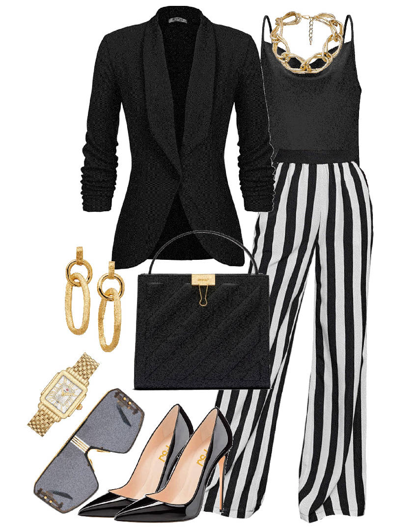 stripe pants styled with black top and blazer