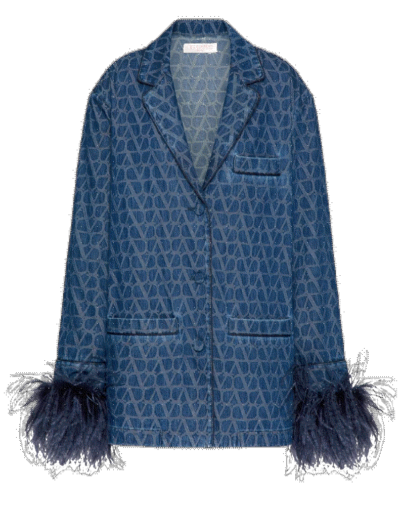Valentino garavani toile iconographe feather trim denim jacket Valentino Garavani