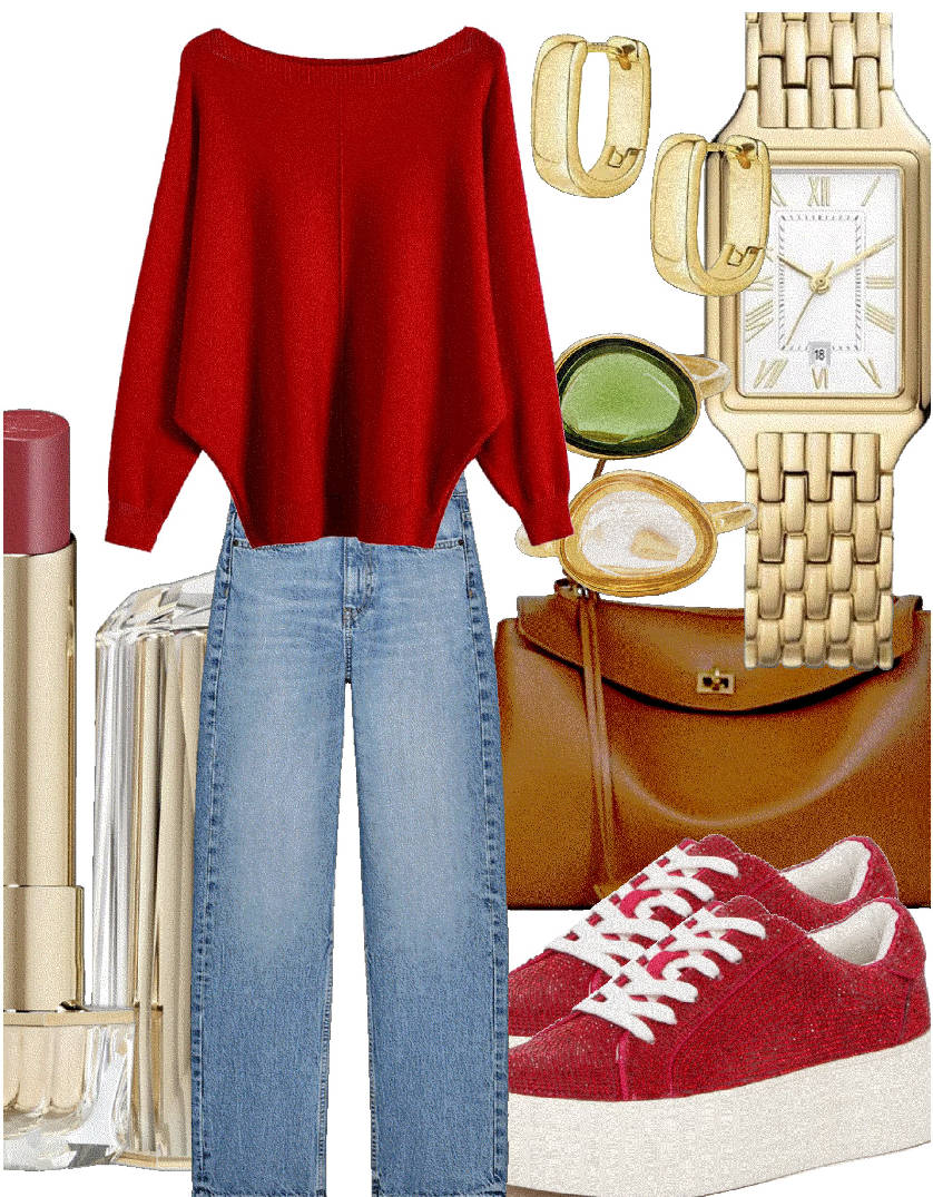 red sweater with jeans and sneakers