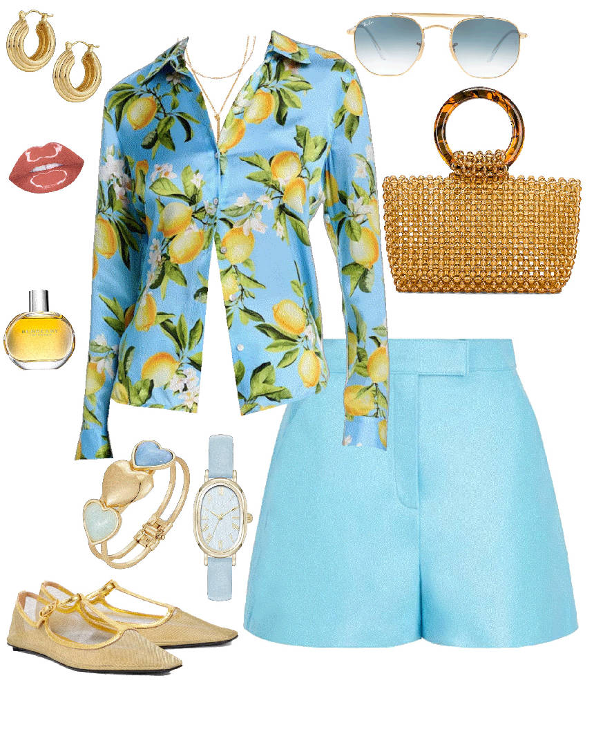 light blue with yellow print top and shorts