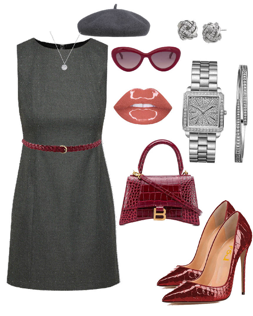 gray dress styled with a beret