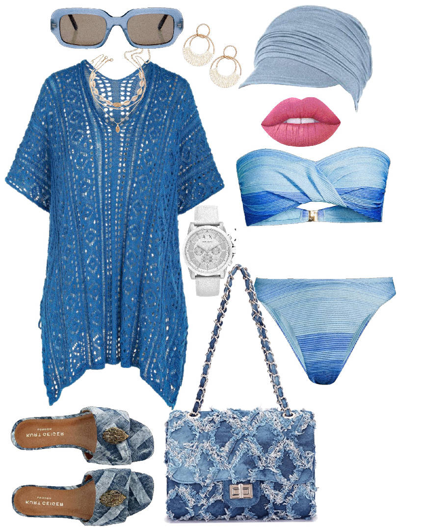 blue cover up in crochet with two piece swimsuit