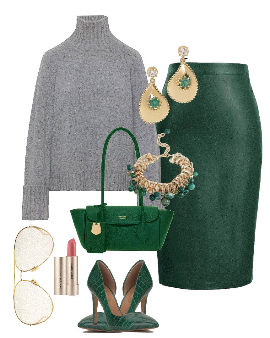a green skirt and grey sweater