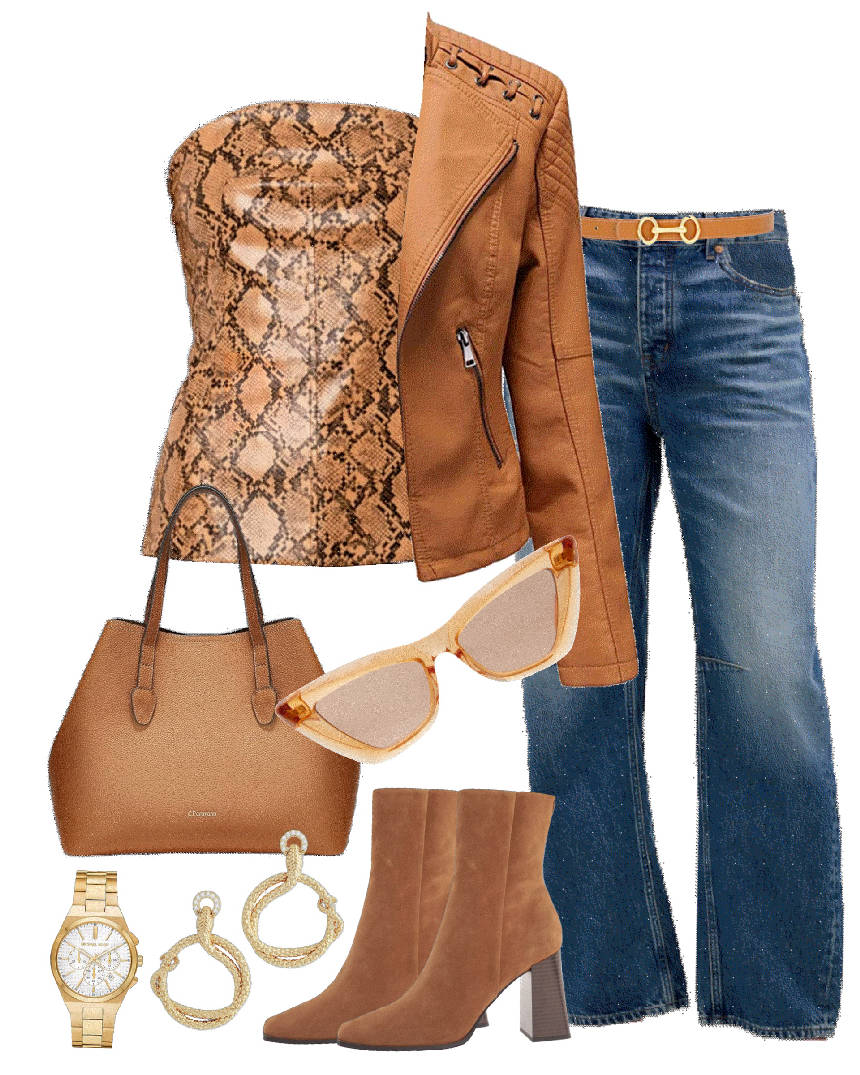 animal print corset with barrel jeans