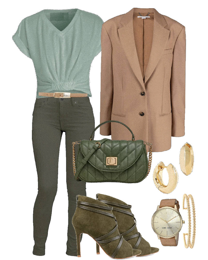 different tones of green in t-shirt and jeans