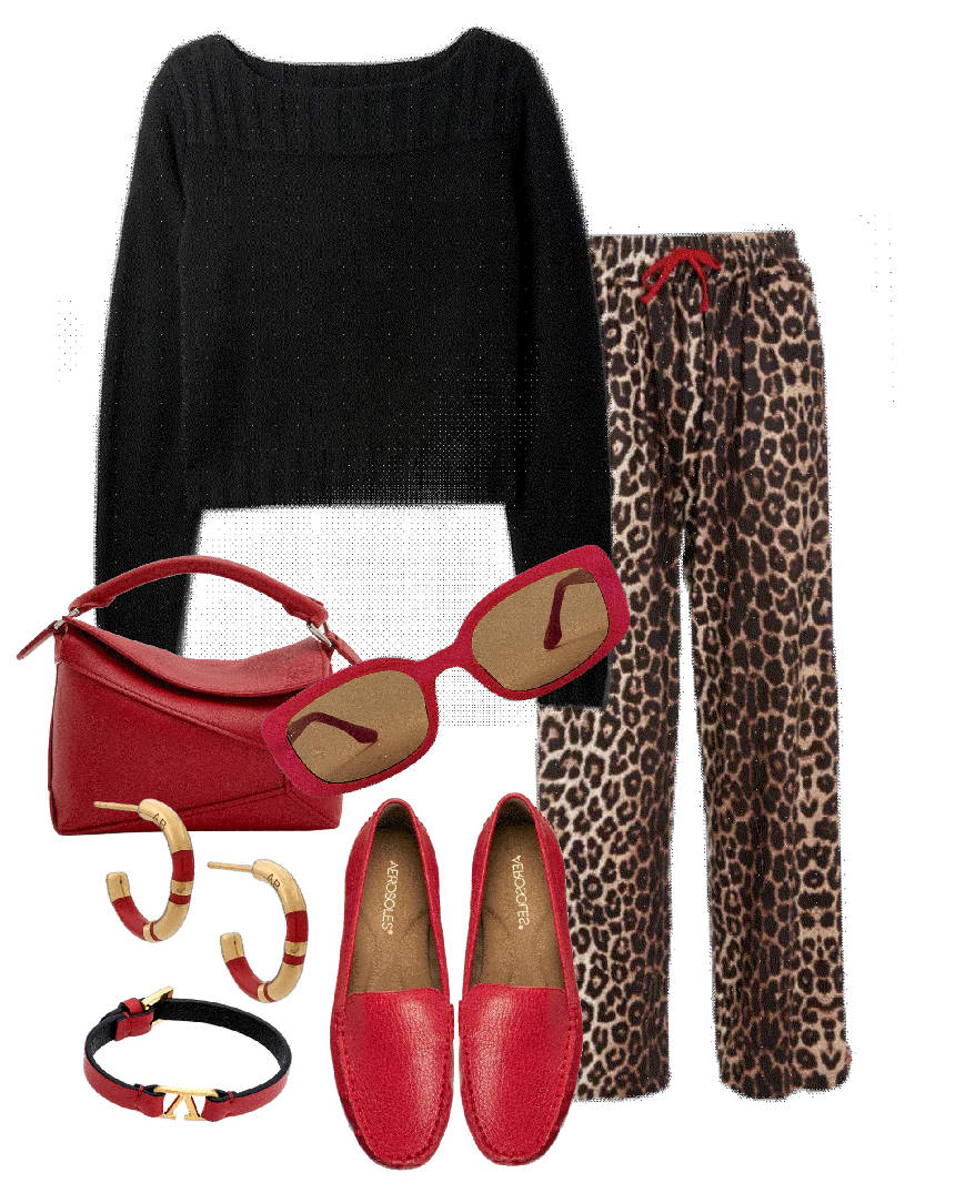 print pants and flats with sweater