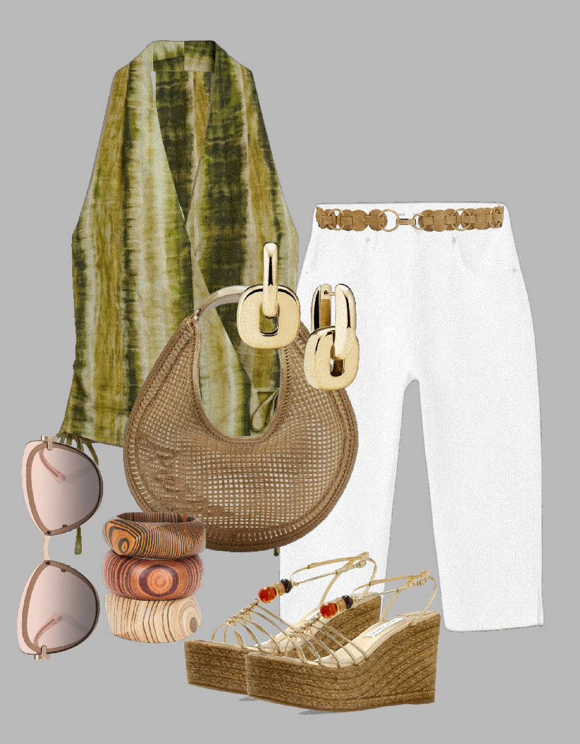 shorts and raffia bag