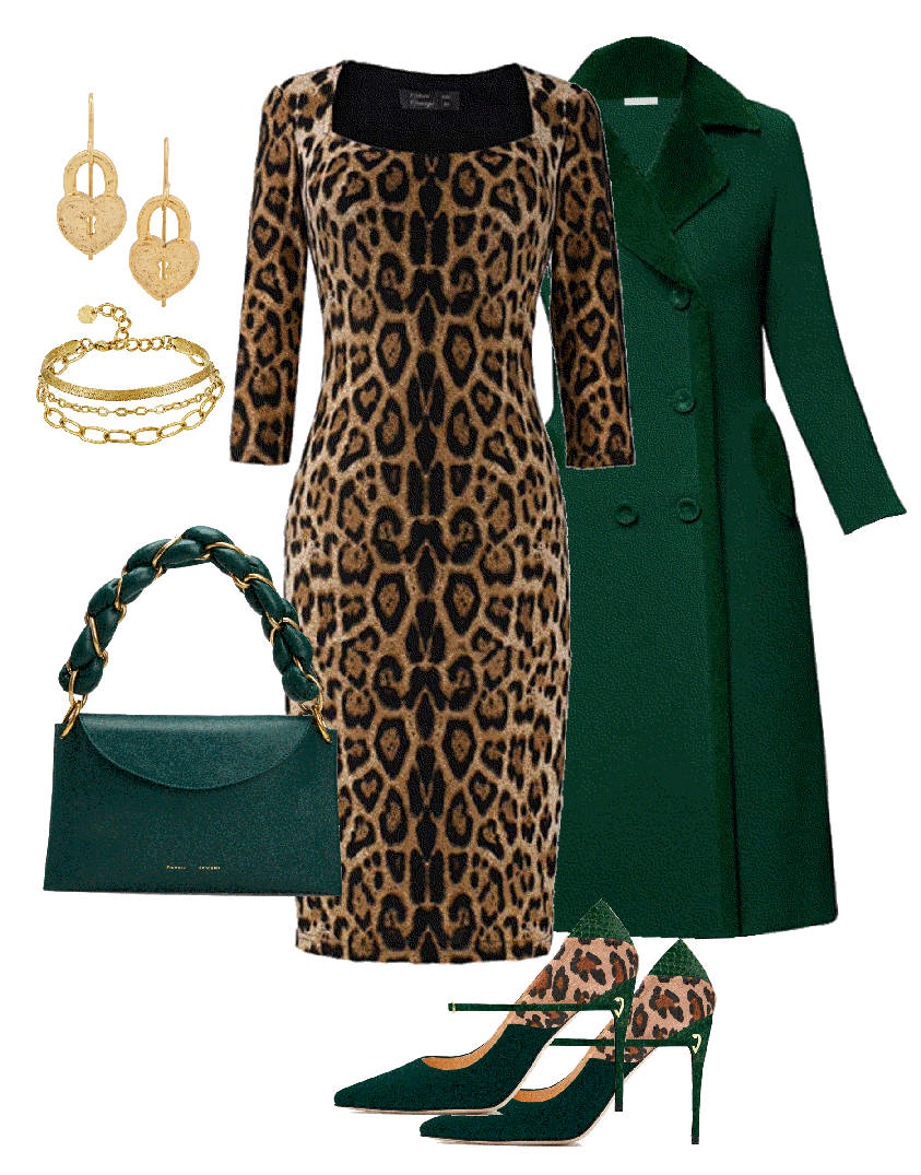 animal print and green coat