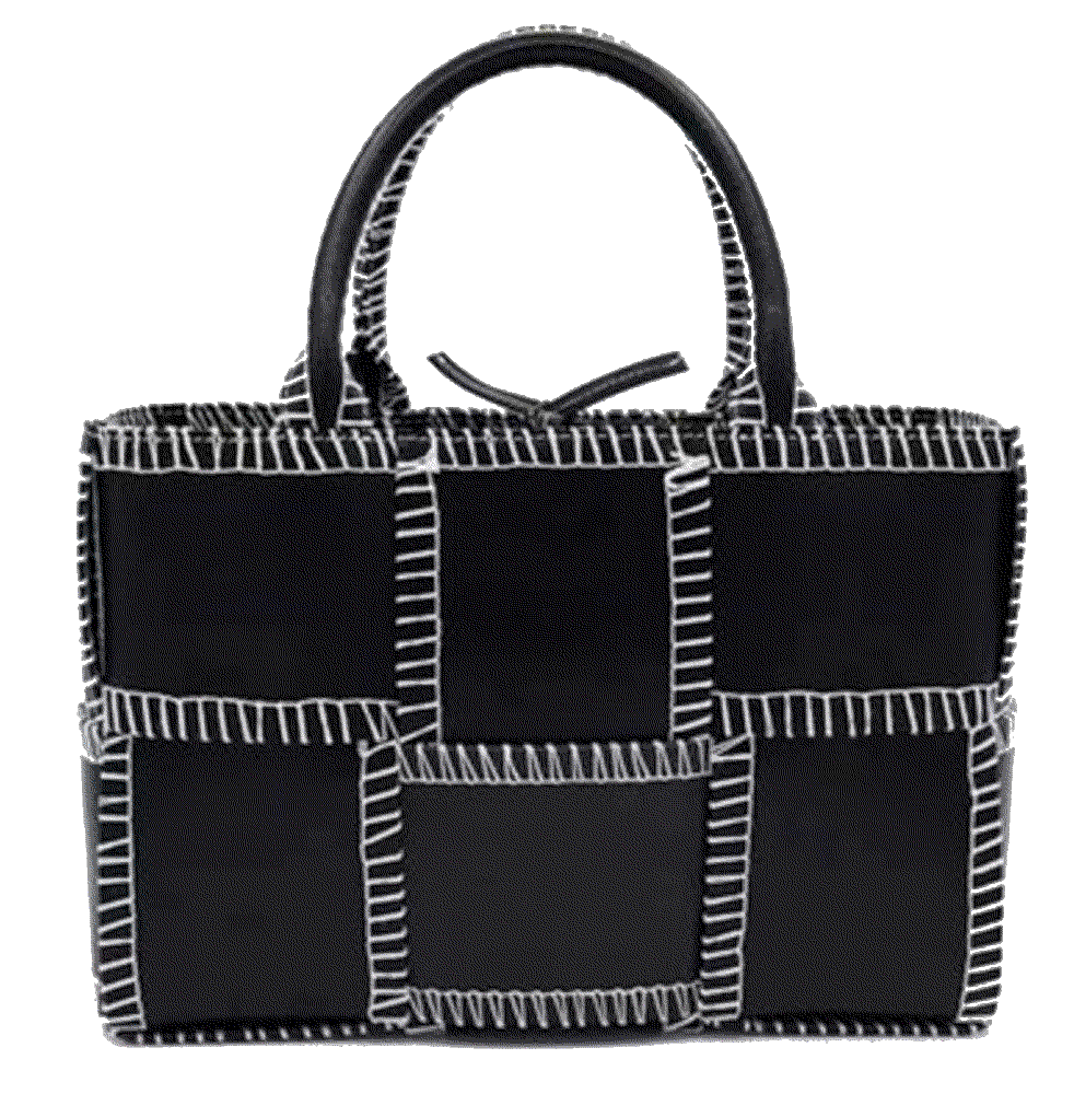 Mia Woven Leather 6 Squares Stitches Tote Black Baginc