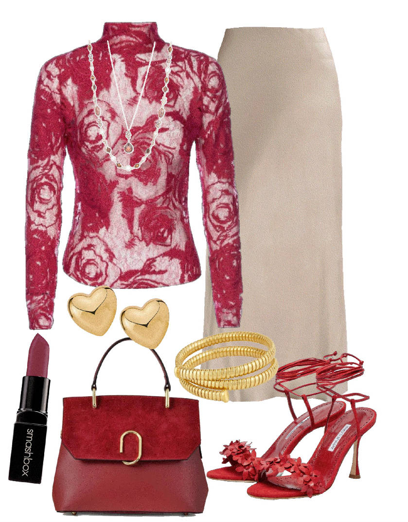 lace red sheer top and beige skirt