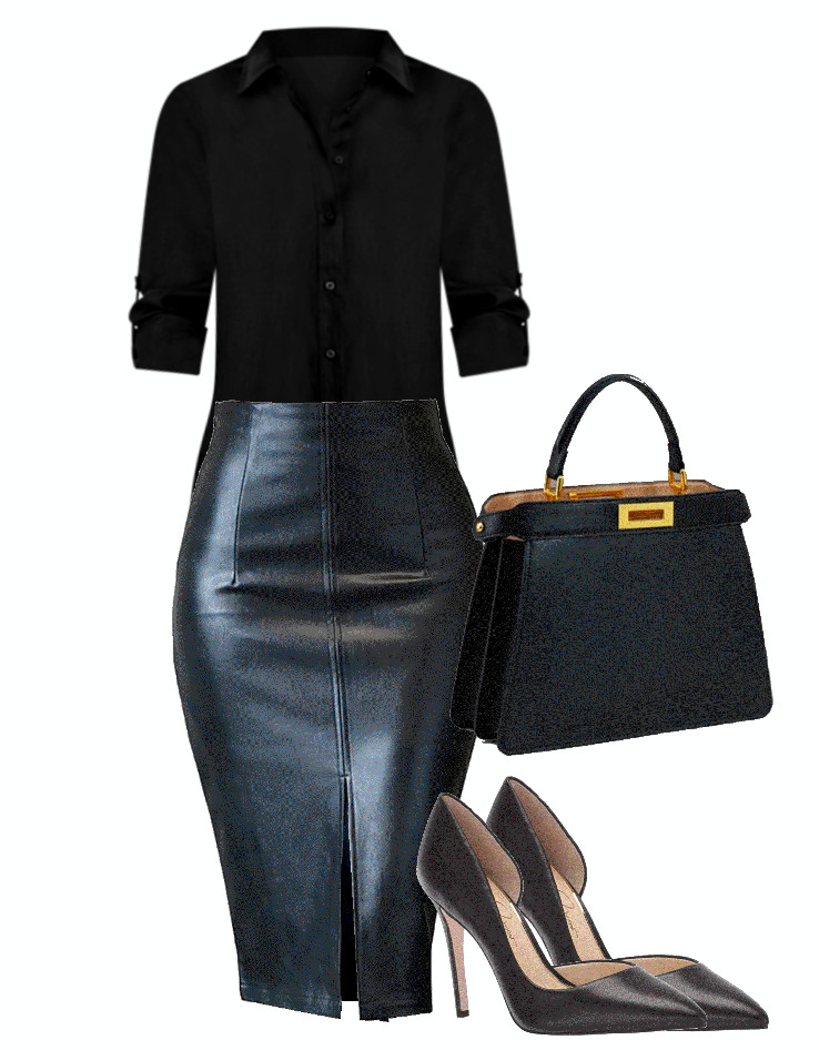 faux leather skirt and black shirt